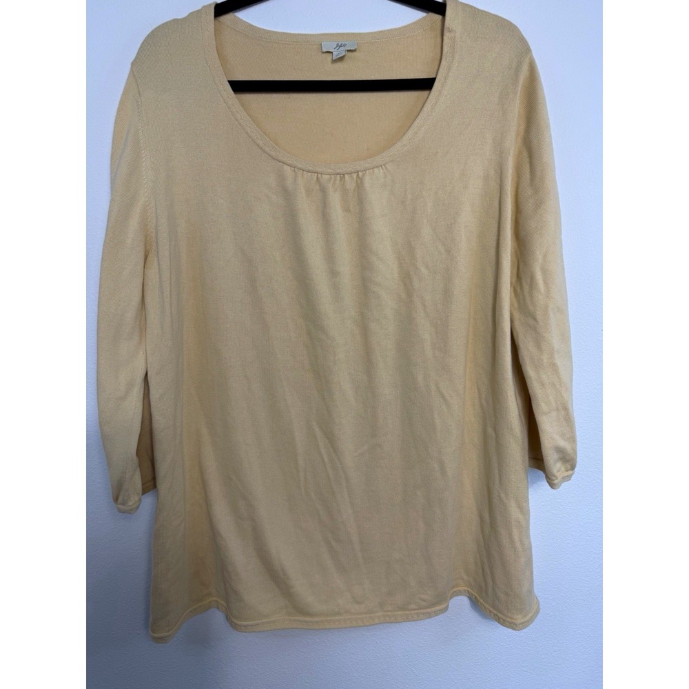 J Jill Womens XL Yellowish Solid Knit Scoop Neck Pullover Top 3/4 Sleeve Pleated